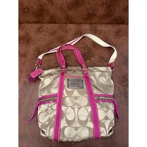 COACH POPPY SIGNATURE LUREX SPORTLIGHT KHAKI JACQUARD TOTE SHOULDER BAG 13847